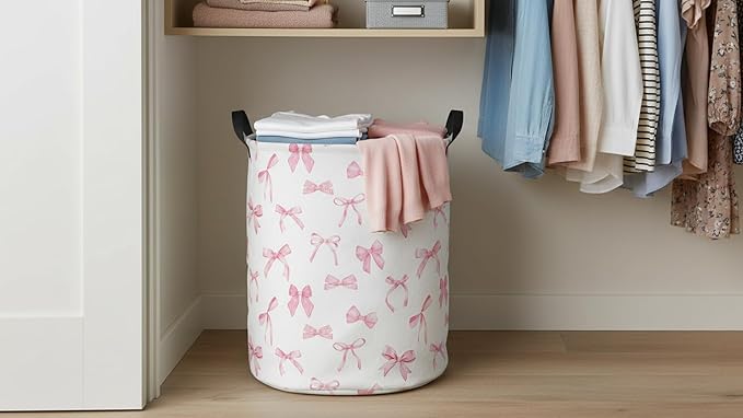 19.7" Laundry Basket,Dirty Clothes Hamper,Waterproof Storage Bin,Room Decor,Gift Baskets,Nursery Hamper(Pink Bowknot)