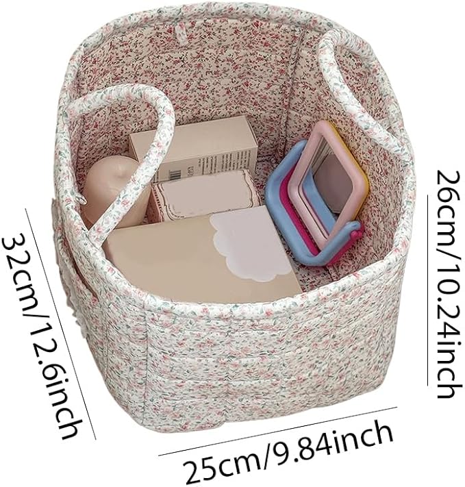 Quilted Fabric Storage Basket Boho Floral Laundry Baskets with Handles Collapsible Quilted Soft Basket for Car, Clothes, Toys Storage