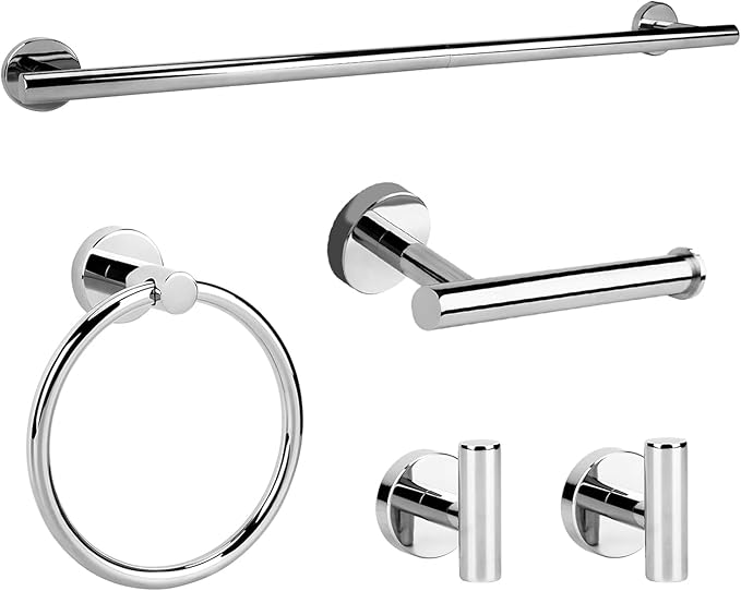 Polished Chrome Bathroom Hardware Accessories Set 5 Piece, Stainless Steel Bath Towel Bar Set 24 Inch,Toilet Paper Holder,Towel Ring Holder,Towel Rack Set,Gold Bathroom Accessories Kit Silver