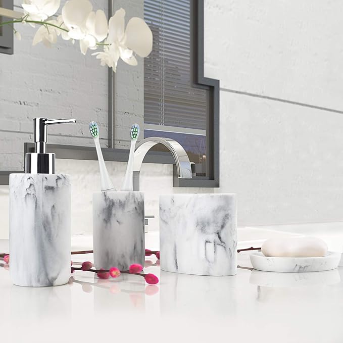 L'ARL GMVOI Bathroom Accessories Set,4 Pieces Marble Bathroom Vanity Countertop Accessory Set with Bathroom Toothbrush Holder Set,Soap Dispenser,Tumbler,Soap Dish for Bathroom Home Decor