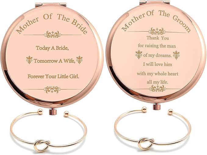 Pack of 2 Mother of the Bride & Groom Mirrors Set - Rose Gold Stainless Steel Compact Pocket Makeup Mirror with 2 Pcs Rose Gold Knot Bracelet and Gift Box Wedding Proposal Gift