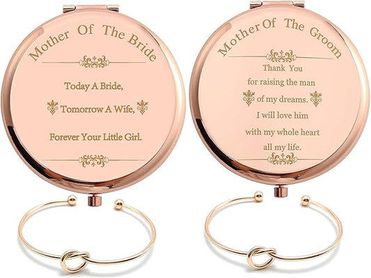 Pack of 2 Mother of the Bride & Groom Mirrors Set - Rose Gold Stainless Steel Compact Pocket Makeup Mirror with 2 Pcs Rose Gold Knot Bracelet and Gift Box Wedding Proposal Gift