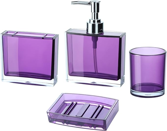 4pcs Purple Bathroom Accessories Set, Includes Soap Dispenser, Toothbrush Holder, Soap Dish and Tumbler