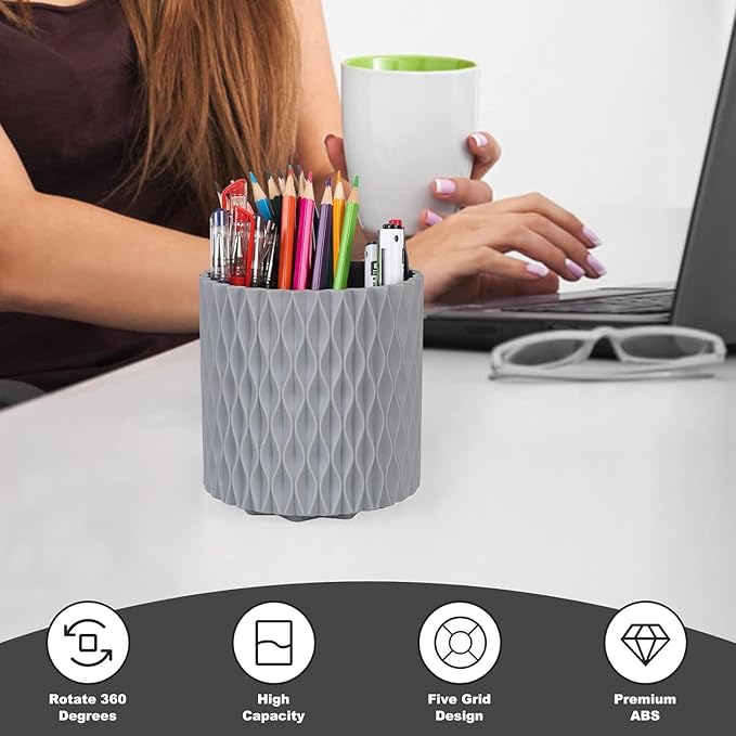 Makeup Brush Holder Organizer-360?? Rotating Makeup Brush Storage,Pencil Pen Holder Cup,Desk Accessories,5 Slot Make up Brushes Cup, for Vanity Desktop Bathroom Countertop (Grey)