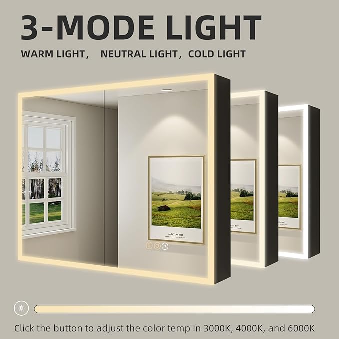 Buruis 36 x 32 Inch Medicine Cabinet with LED Lights and Mirror, Recessed/Wall Mounted Bathroom Cabinet, 3-Color Light, Defogger, Memory Function, Outlet & USB, Dimmer, Black