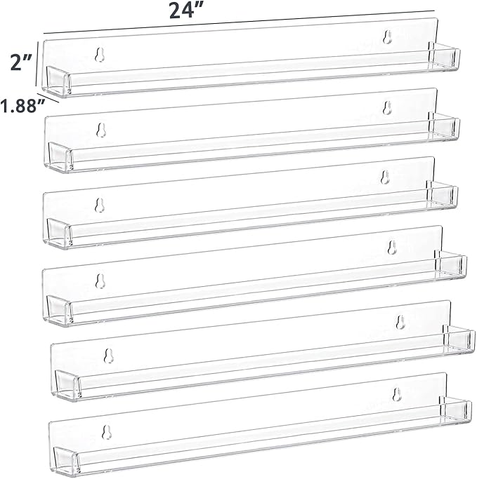 Coward 6 Piece 24" Long Clear Nail Polish Organizer Rack Wall Mounted, Acylic Big Essential oil Display Stand, Nail Paint Storage Holder, Displays 180-200 Bottles