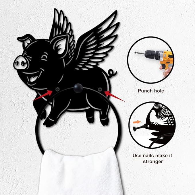MAYJOYDIY Flying Pig Metal Towel Ring Round Wings Pig Hand Towel Holder Animals Ring Hanger Wall Mount Black Vintage Towels Wall Organizer for Kitchen Bath Home Laundry Room Decors Gifts