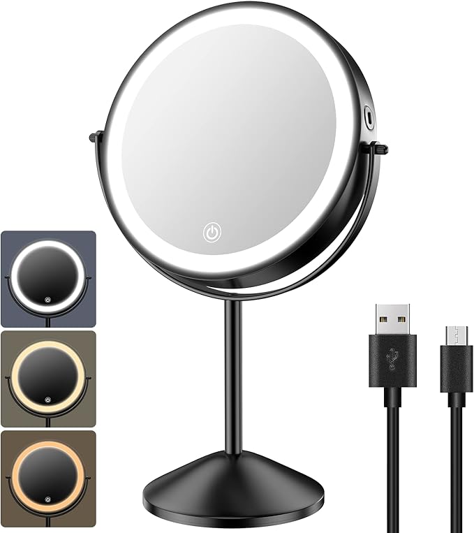 Benbilry 8 Inch Lighted Makeup Vanity Mirror with Lights 3 Color Dimmable, 1X/10X Magnifying Rechargeable Double Sided Light Up Cosmetic Mirror, 360° Swivel Cordless Standing, Black
