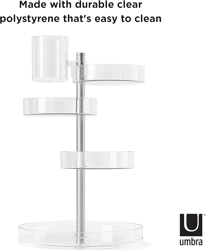 Umbra Pirouette Cosmetic Organizer, Large Capacity Makeup Storage with Adjustable Compartments, Clear/Nickel