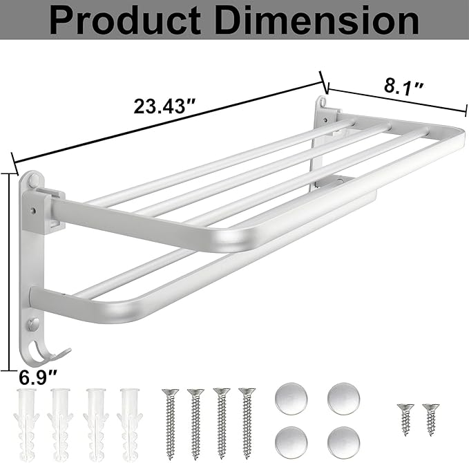 TocTen Towel Rack for Bathroom, Foldable Towel Holder with Double Towel Bars, Wall Mounted SUS304 Stainless Steel Bathroom Tower Shelf, Space-Saving Towel Hanger for Bathroom, Lavatory (Silver,24 in)