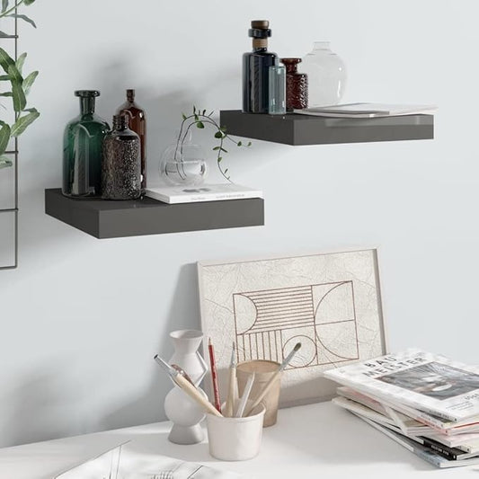 Floating Wall Shelves 2 Pack High Gloss Gray Modern Display Rack for Home Decor, Invisible Mounting System, 11lb Capacity Each, Perfect for Living Room Bedroom Office