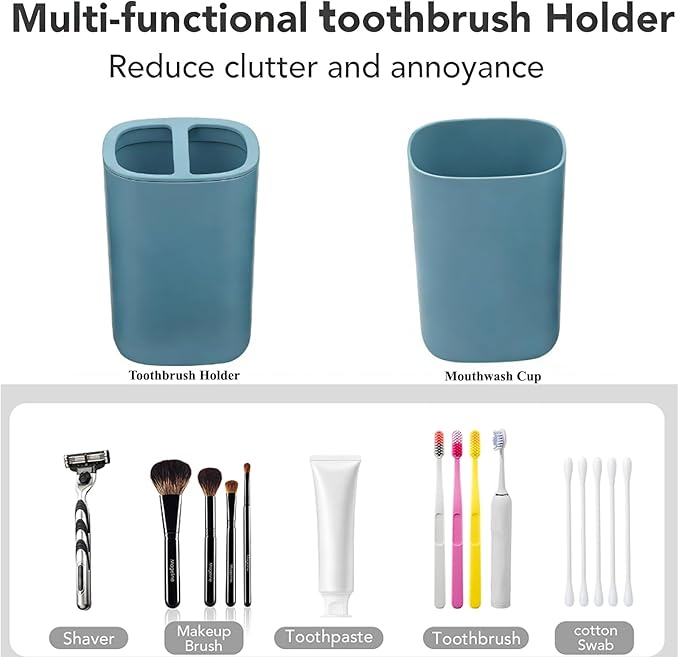 4 Piece Bathroom Accessories Set, Plastic Bathroom Accessory Set- Square Toothbrush Holder Set, Soap Dispenser, Toothbrush Holder, Mouthwash Cup, Soap Dish, Boho Modern Decor for Home, Blue