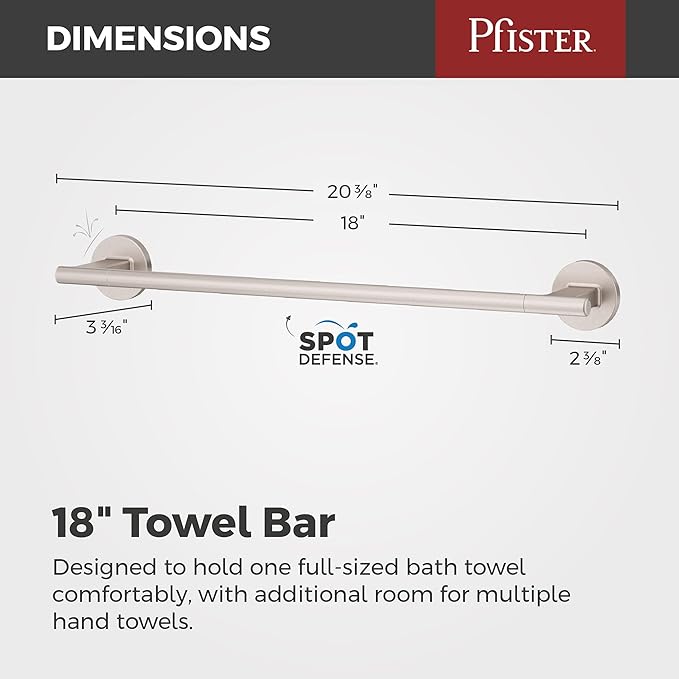 Pfister Capistrano Bath Towel Bar for Bathroom, 18-Inch, Wall-Mounted, Screw-in, Spot Defense Brushed Nickel Finish, BTBCSO1GS