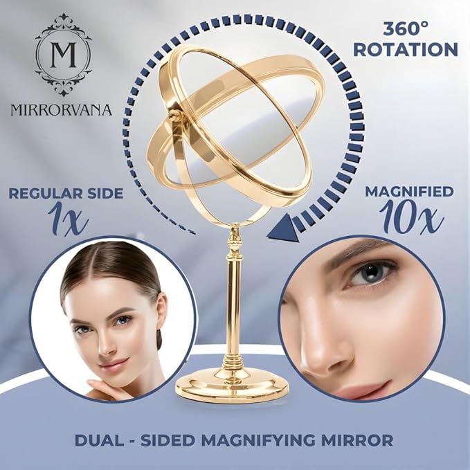 MIRRORVANA Large Double Sided 10X and 1X Magnifying Makeup Mirror with Stand in Gift Box, 15” Tall and 8” Wide (Gold)
