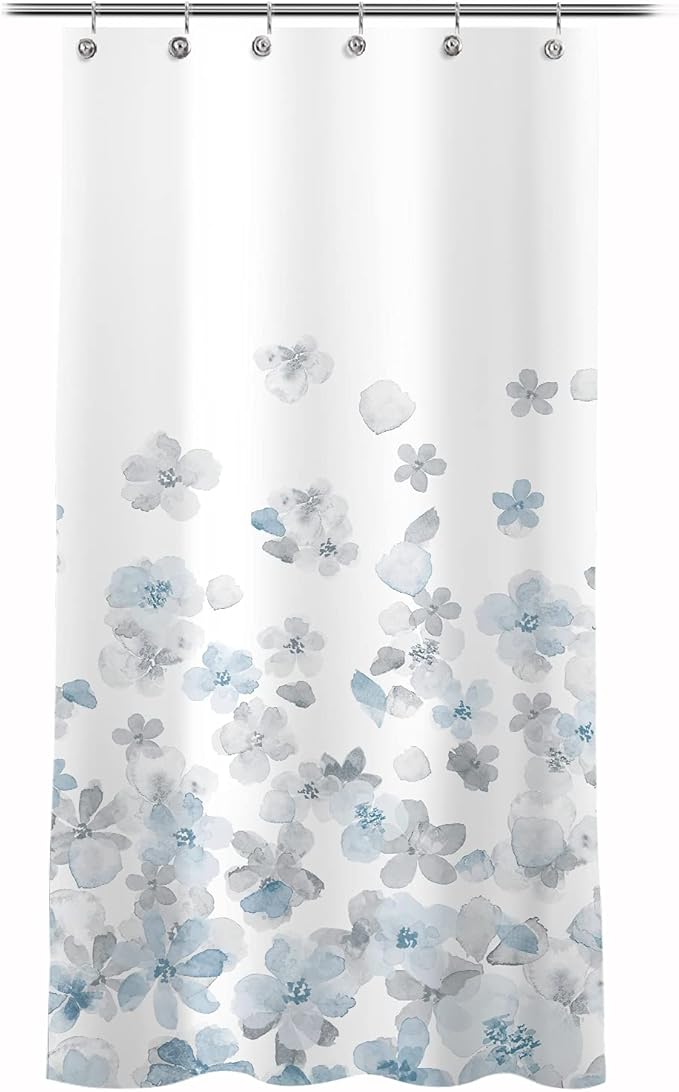 Sunlit Design 36 x 72 Inches Blue and Gray Small Stall Shower Curtains RV Half Size Narrow Bathroom Curtains Simple Style Flower Blossoms Bathroom Decor with White Background