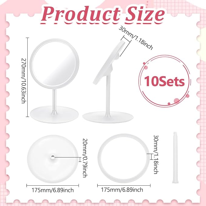 10Pcs Makeup Mirror, Spa Party Mirror Travel Makeup Desk Mirrors with Cosmetic Tray Sleepover Accessories Spa Day Supplies for Slumber Birthday Party Favors Tabletop Bathroom, White