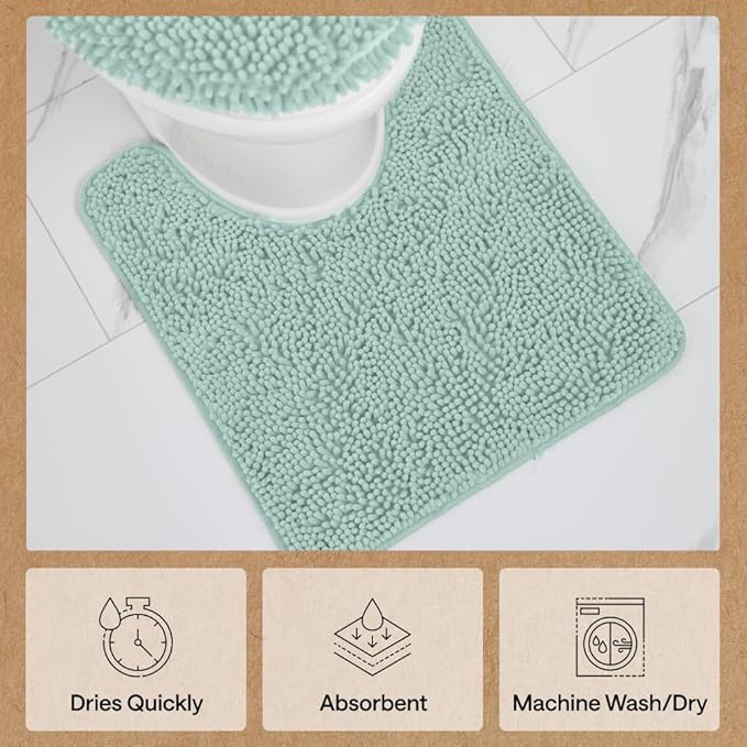 GORILLA GRIP Plush Absorbent Shaggy Chenille Bath Rug Mat for Oval Toilet Base with Rubber Backing, Machine Washable Rugs, Soft Microfiber Contour Mats for Toilets, Bathroom Decor, Seablue