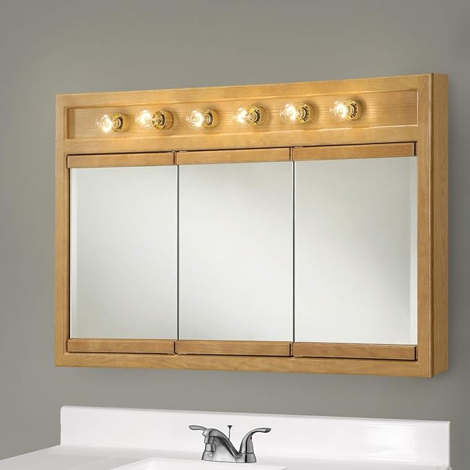 Design House Richland Medicine Cabinet with 6 Lights, Fully Assembled, Wall Mounted, 3 Mirrored Doors, Wood Frame, Oak Finish, 48 in x 5 in x 30 in, 530626-NOK