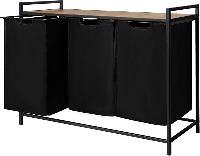 Graciadeco Pull Out Laundry Hamper 3 Compartment Laundry Sorter with Shelf 3 Section Laundry Basket with 3 x 16 Gallons Removable Bags for Laundry Room Bathroom and Dorm, Black
