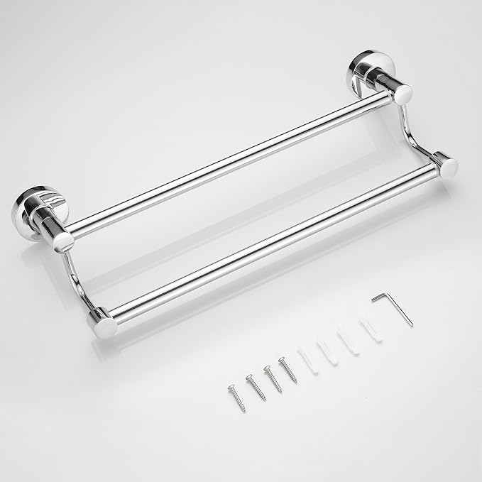 Adjustable Double Towel Racks for Bathroom 15 to 26.5 Inch Towel Bar, Expandable Bright Chrome Double Bath Towel Holder, Wall Mount with Screws Towel Bar Rod