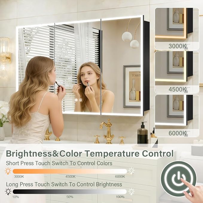 LED Medicine Cabinet,48x32inch,Recess Mirror Cabinet for Bathroom,3 Color,Dimmable,Demister, Detachable Side Panel for Recess Mount or Surface Mount,USB Shaver Socket, Internal Lighting