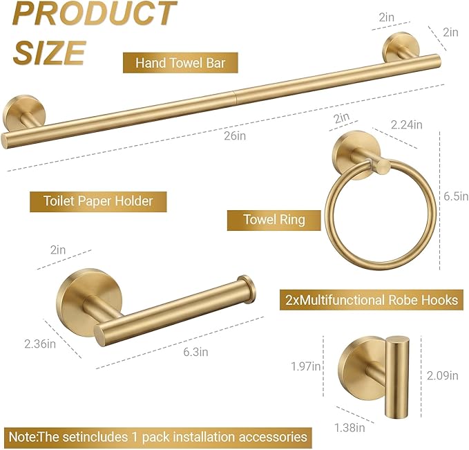 24 Inch Usable Towel Bar, 5-Piece Blushed Gold Bathroom Accessories, SUS304 Stainless Steel Towel Ring Holder, Toilet Paper Holder with 2 Hooks, Wall Mounted Modern Bathroom Hardware Set