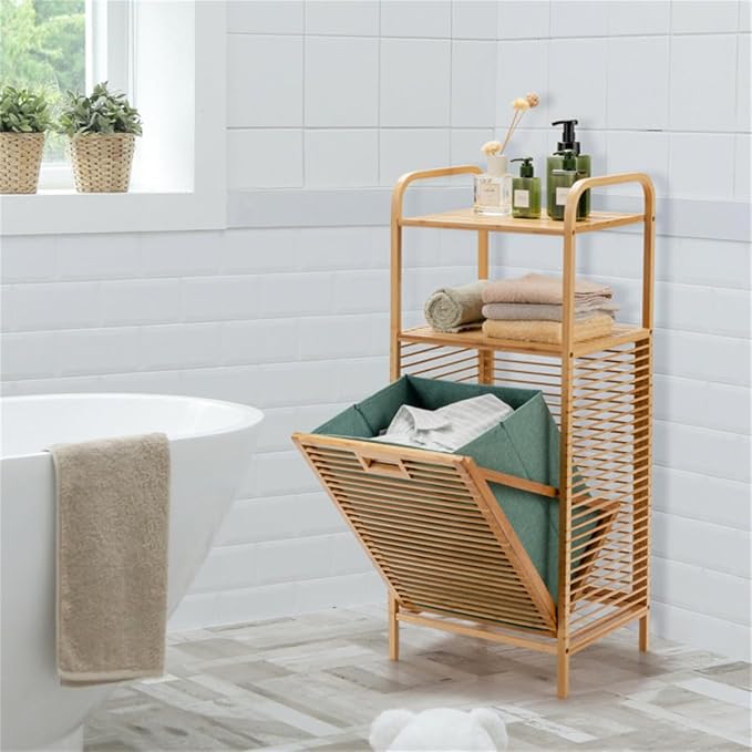 Bamboo Bathroom Storage Shelf with Tilt Out Laundry Hamper Tall Freestanding Organizer with Two Open Shelves for Towels and Toiletries Removable Fabric Bin 38 Inch Height Bathroom Furniture