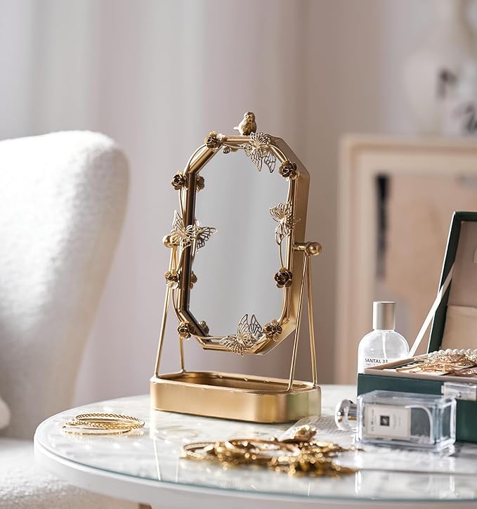 HSDDHOME Vintage Gold Tabletop Makeup Mirror, Bird & Butterfly Decorative Vanity Mirror, 12.8” x 8.2” Retro Metal Standing Mirror for Dresser, Bedroom, and Bathroom