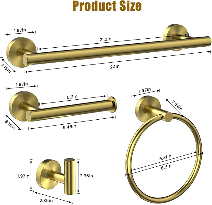 Brushed Gold 4 Piece SUS304 Stainless Steel Bathroom Accessories Set, 24 Inch Towel Bar Set, Round Bathroom Accessories Kit Wall Mounted, Minimalist Design for All Styles Bathrooms (Gold)
