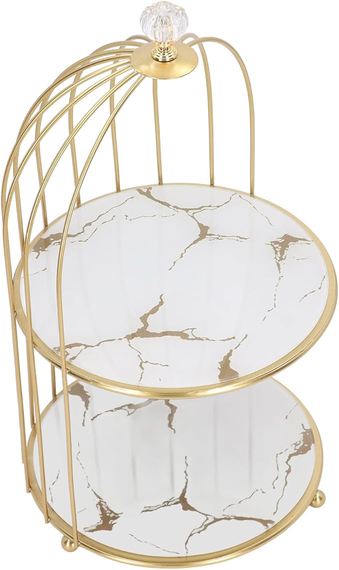 Double Layer Storage Shelf Bird Cage Organizer Display Rack for Bathroom Countertop Dressing Table Gold Frame (White Base Gold Pattern)