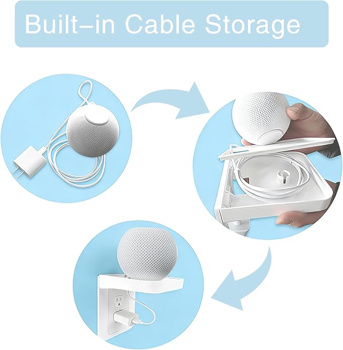 Outlet Shelf with Built-in Cord Storage, No-Drill Wall Mount for Smart Display & Speaker, Space-Saving Organizer for Kitchen, Bathroom & Bedroom, Fits Decora & Duplex Outlet (White, 1 Pack)