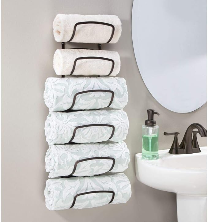 mDesign Metal Towel Shelves – Towel Rack for The Bathroom with 6 Compartments – Practical Bathroom Accessories for Both Large and Small Towels – Bronze