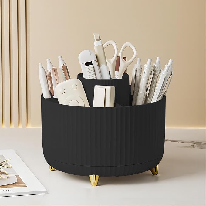 DASITON Large Capacity Makeup Brush Holder,360° Rotating Makeup Organizer,5 Slot Makeup Brushes Cup,for Vanity Decor,Bathroom Countertops,Desk Storage Container,Cosmetic Display cases(Black)
