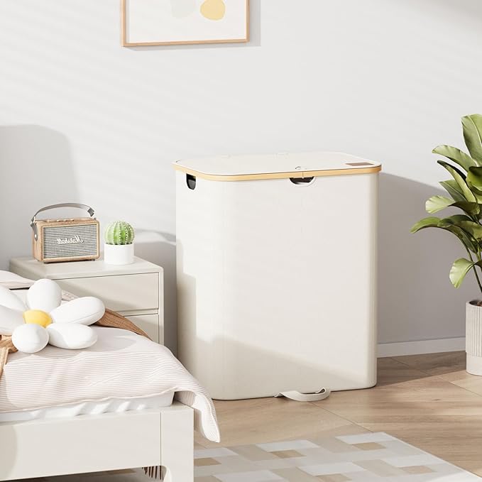 XLHOMO 160L Double Laundry Hamper with Lid, Dirty Clothes Hamper with 2 Removable Bags, Beige Laundry Hamper 2 section with Bamboo Handles Easy to Carry for Bedroom, Bathroom, Dorm, College