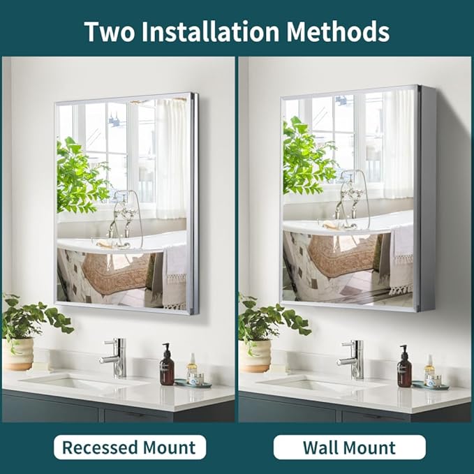 Movo Medicine Cabinet with Mirror, 24 Inch x 30 Inch Aluminum Mirror Cabinet with Single Door, Bathroom Medicine Cabinet, Surface Mount or Recess Installation