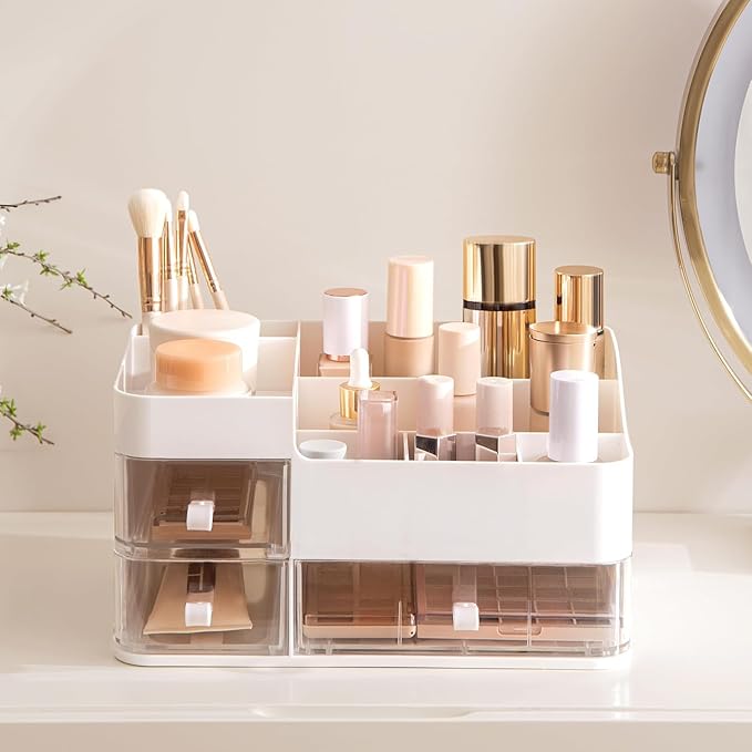 HBlife Makeup Organizer for Vanity Bathroom Organizer Large Skincare Organizers with 3 Drawers Makeup Organizers and Storage Cosmetic Storage, White
