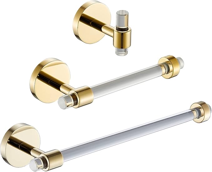Gold Bathroom Hardware Accessories Set - Acrylic Hand Towel Holder Toilet Paper Holder Towel Hook - Wall Mounted Bath Towel Bar Set 3 Pieces SHUNLI