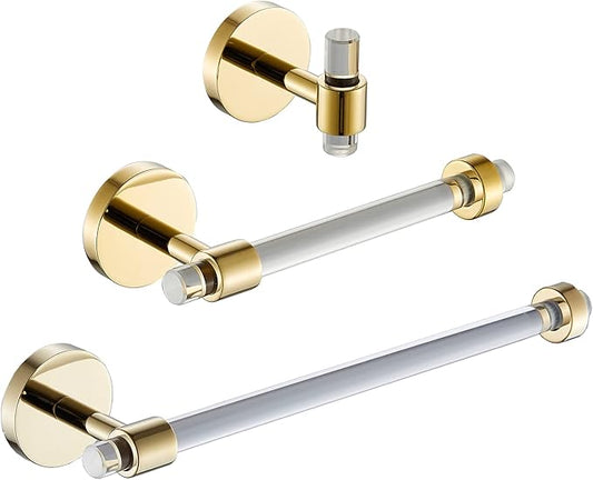 Gold Bathroom Hardware Accessories Set - Acrylic Hand Towel Holder Toilet Paper Holder Towel Hook - Wall Mounted Bath Towel Bar Set 3 Pieces SHUNLI