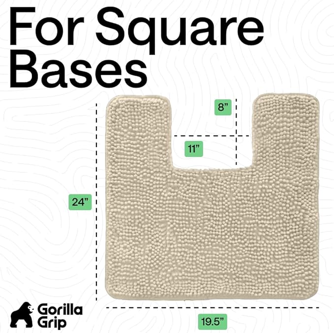 GORILLA GRIP Plush Absorbent Shaggy Chenille Bath Rug Mat for Square Toilet Base with Rubber Backing, Machine Washable Rugs, Soft Microfiber Contour Mats for Toilets, Bathroom Decor, Sand