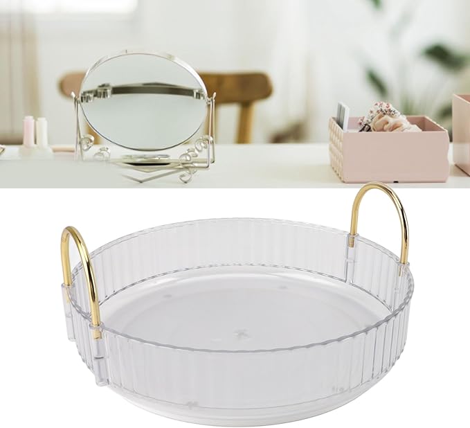 Makeup Perfume Organizer Tray,Turntable Organizer,360 Rotating Makeup Organizer with Dual Handles Makeup Brush Lip Gloss Organizer Case for Bedroom Bathroom (White)