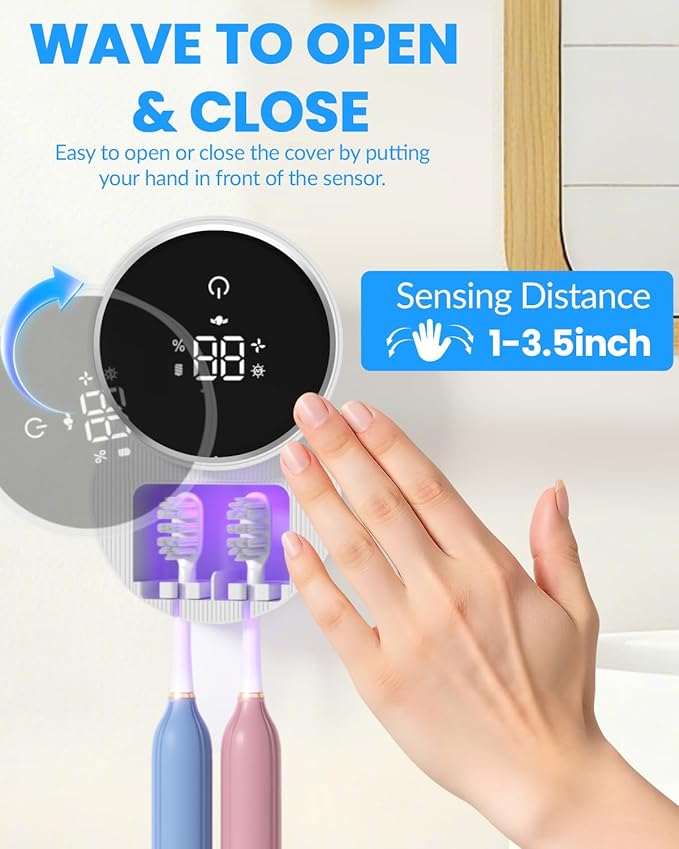 Toothbrush Sanitizer and Holder, Toothbrush Holders for Bathroom, Tooth Brush Wall-Mounted Cleaner Organizer with Auto-Inductive Cover, Air Drying Fits Most Electric, Manual and Kids’ Toothbrushes