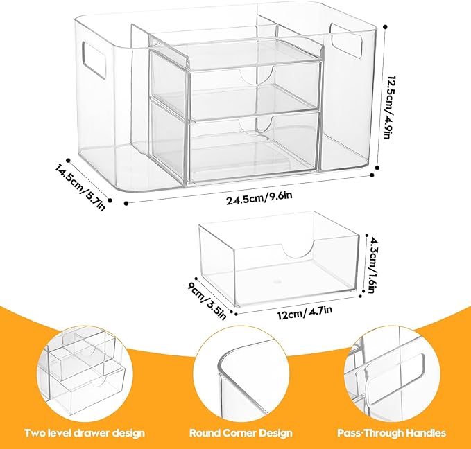 Hair Accessories Organizer for Girls & Women, 2-Drawer Clear Plastic Hair Brush Holder with 3 Compartments, Vanity Countertop Makeup Organizer for Hair Ties, Clips & Bobby Pins
