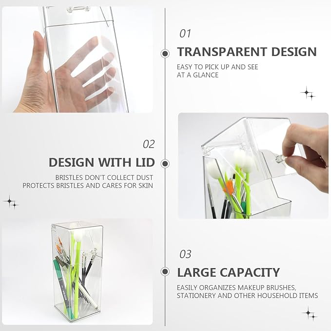 2Pcs Acrylic Makeup Brush Organizer with Lid, Clear Makeup Brush Holders Brush Storage Dust Proof Box Makeup Organizer for Dressing Tables and Vanity