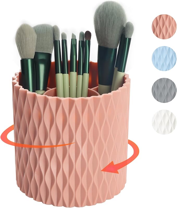 Makeup Brush Holder Organizer-360?? Rotating Makeup Brush Storage,Pencil Pen Holder Cup,Desk Accessories,5 Slot Make up Brushes Cup, for Vanity Desktop Bathroom Countertop (Pink)