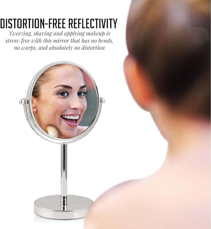 OVENTE 6'' Tabletop Makeup Mirror with 1X/7X Magnification, 360° Swivel Design, Double-Sided Free-Standing Vanity Mirror Perfect for Dresser, Bedroom and Office Desk, Polished Chrome MNLT60CH1X7X