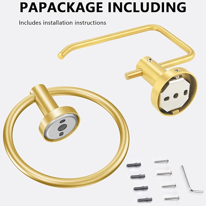 Towel Ring and Toilet Paper Holder Set, Stainless Steel Bath Towel Hanger and Tissue Roll Holders, Bathroom Hardware Accessories Wall Mounted 2 Pieces (Gold)