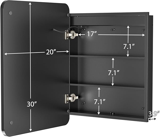 ROOMTEC Lighted Medicine Cabinet with Mirror 20"x30", Wall Mounted Bathroom Mirror with Storage, Single Doors Bathroom Wall Cabinet with LED Lights,Black