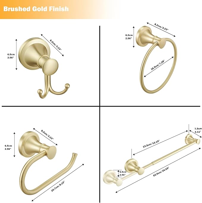 Hoimpro Brushed Gold 4-Piece Bathroom Bath Set, Wall Mount Bathroom Hardware Fixture (Adjustable Towel Bar Rack, Towel Ring Holder, Paper Towel Holder, Double Towel Hook), Bathroom Accessories