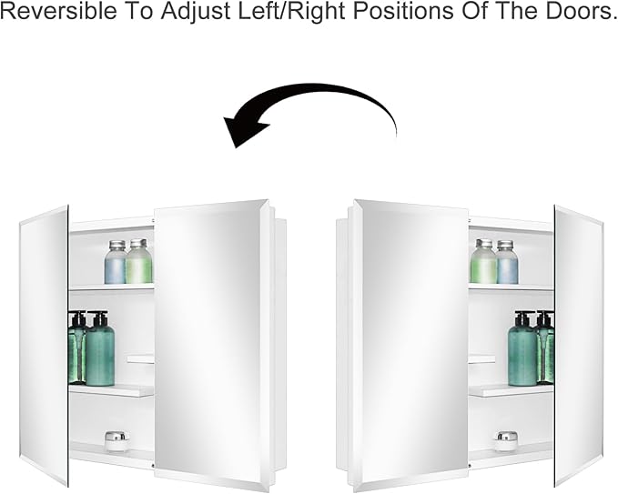 Fundin White Medicine Cabinet Recessed or Surface Mount, Bathroom Medicine Cabinet with 30 x 24 Beveled Edge Mirror Size and Adjustable Staggered Shelves