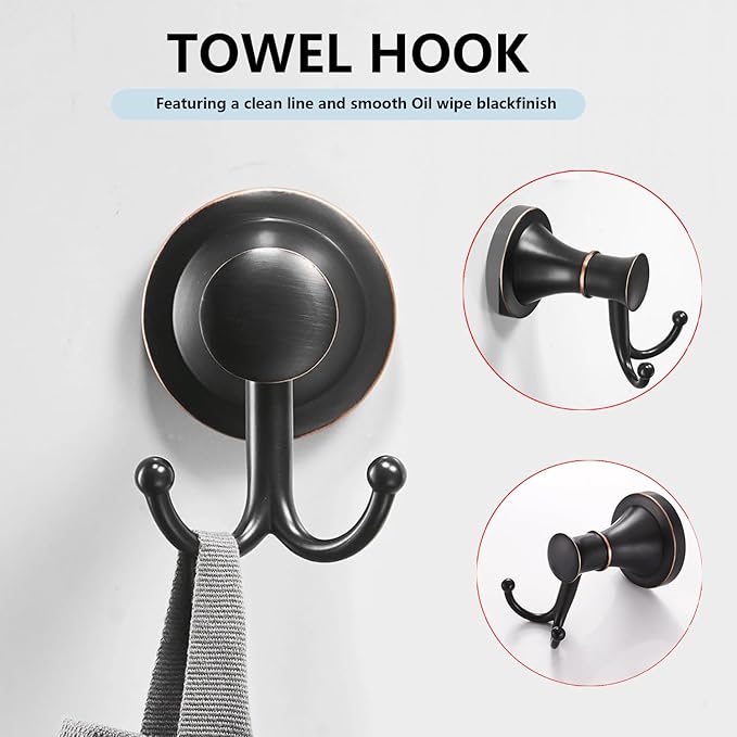 Oil Rubbed Bronze Brushed Black 4 Piece Set, Wall Mount Hardware with Adjustable Single Towel Bar Rack, Towel Ring, Toilet Towel Holder, Double Towel Hooks